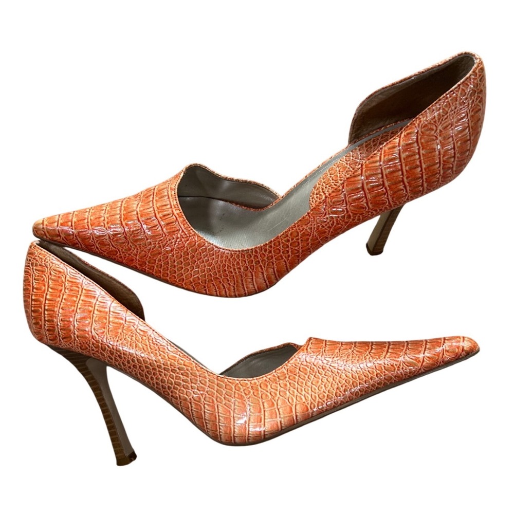 Diba East Orange Croc Embossed Pointed Toe Y2K Stiletto Pumps Size 7.5 Retro